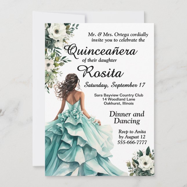 Invitación de Quinceañera Azul Espuma de Mar (Anverso)
