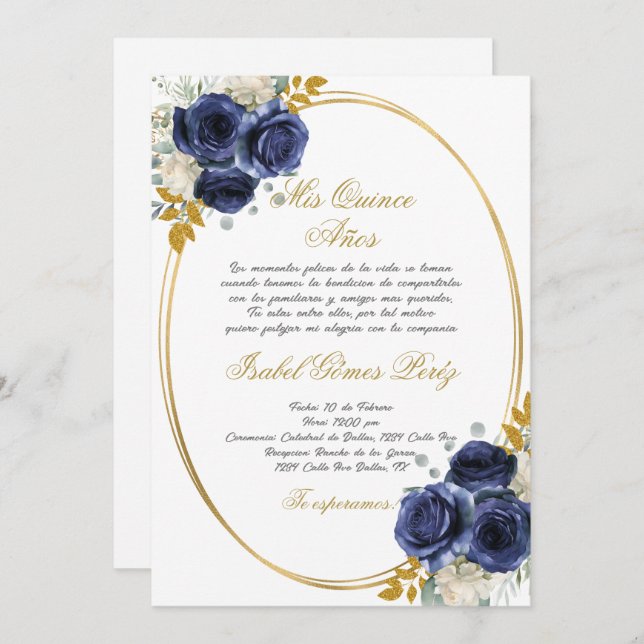 Invitación de Quinceanera azul marino en español (Anverso / Reverso)