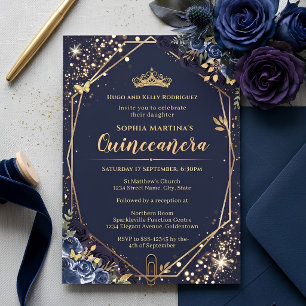 invitación de Quinceañera azul marino y dorado