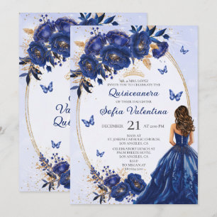 Invitación de Quinceañera Azul Real y Dorado