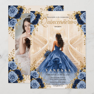 Invitación de Quinceañera Azul y Dorada para Fotos