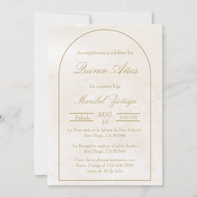 Invitación de Quinceanera beige dorado (Anverso)