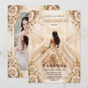 Invitación de Quinceañera beige y dorada con foto