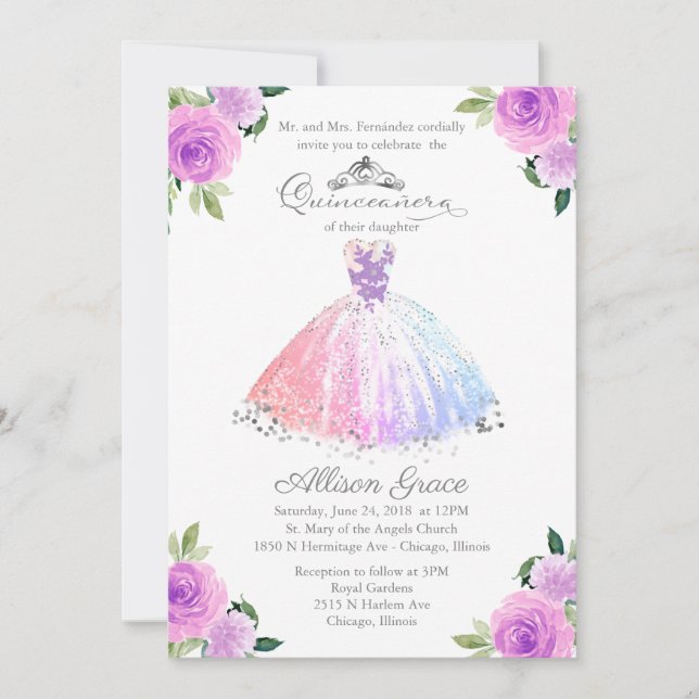 Invitación de Quinceañera Bilingüe Colores Pastel (Anverso)