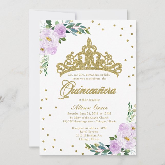 Invitación de Quinceañera Bilingüe Tiara Lilac (Anverso)