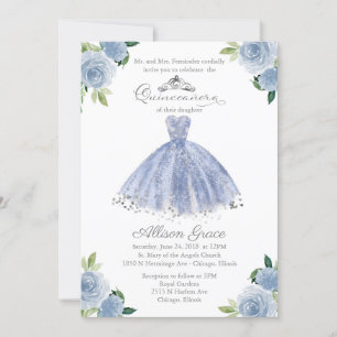 Invitación de Quinceañera Bilingüe Vestido Azul Ru