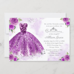 Invitación de Quinceañera Bilingüe Vestido Púrpura