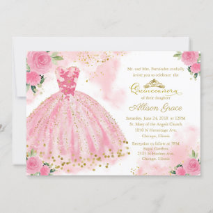 Invitación de Quinceañera Bilingüe Vestido Rosa Ca