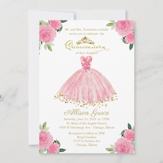Invitación de Quinceañera Bilingüe Vestido Rosa Ca (Anverso)