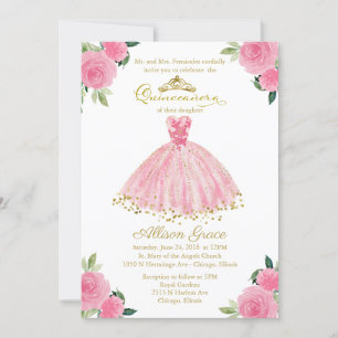 Invitación de Quinceañera Bilingüe Vestido Rosa Ca