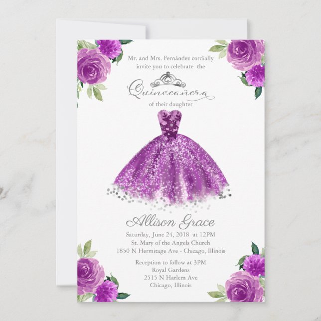 Invitación de Quinceañera Bilingüe Vestido Rosa Pú (Anverso)