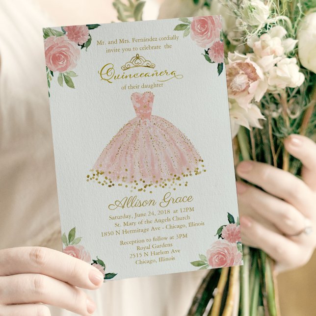 Invitación de Quinceañera Bilingüe Vestido Rosado  (Subido por el creador)