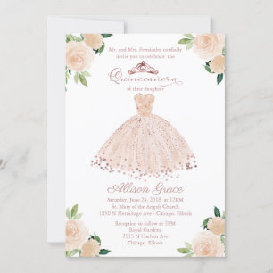 Invitación de Quinceañera Bilingüe Vestido Rosado 