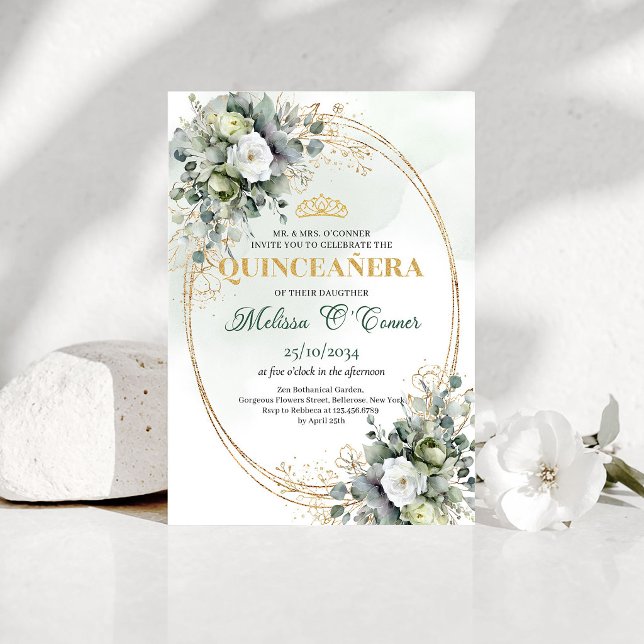 Invitación de Quinceañera Boho Chic con Acuarela y (Boho Chic Quinceañera Watercolor Greenery Invite)