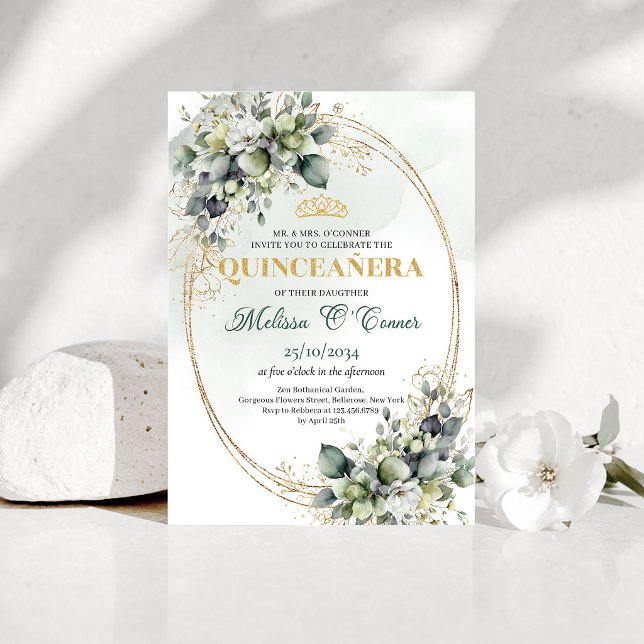 Invitación de Quinceañera Boho de Eucalipto Dorado (Eucalyptus Gold Boho Quinceañera Watercolor Invite)
