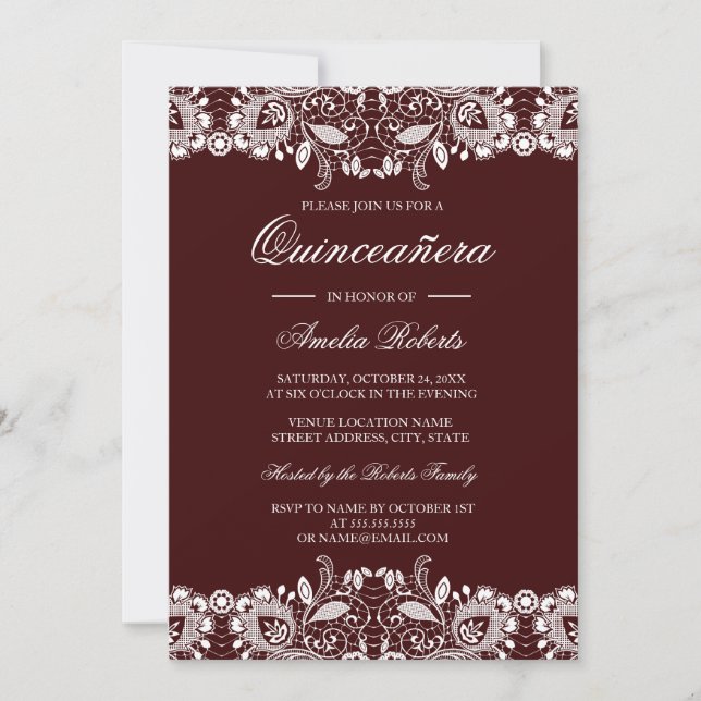Invitación de Quinceañera Borgoña de Encaje Blanco (Anverso)