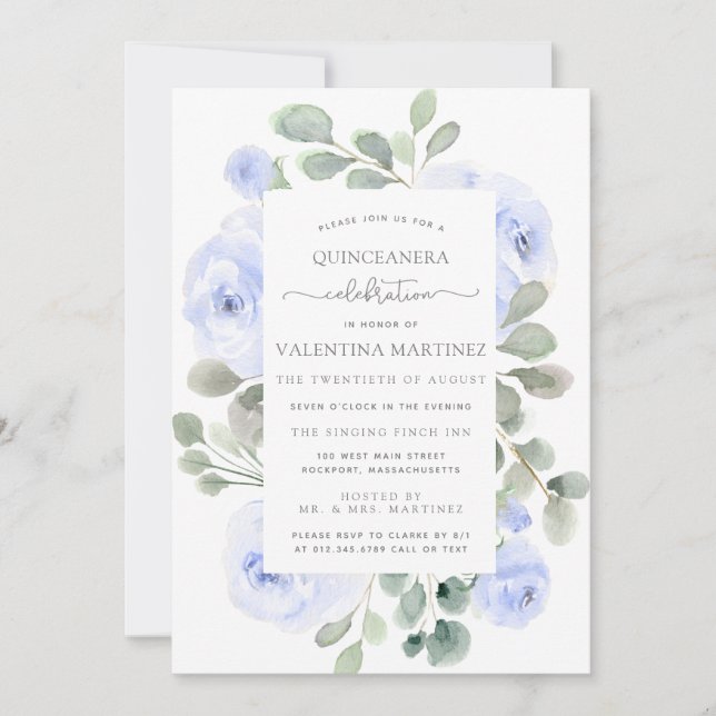 Invitación de Quinceanera Botánica Floral Rosa Azu (Anverso)