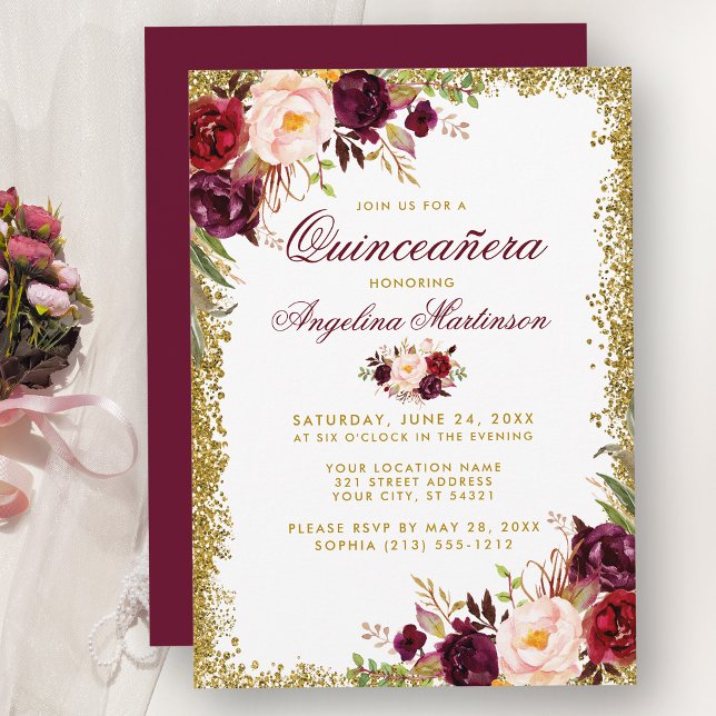 Invitación de quinceañera Burgundy Floral Dorado B (Customize to change text color, style, add text & photos to back or change color of back of card.)