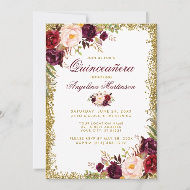 Invitación de Quinceanera Burgundy Floral Gold Pur (Anverso)