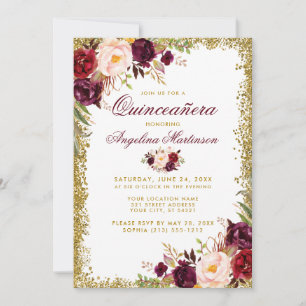 Invitación de Quinceanera Burgundy Floral Gold Pur