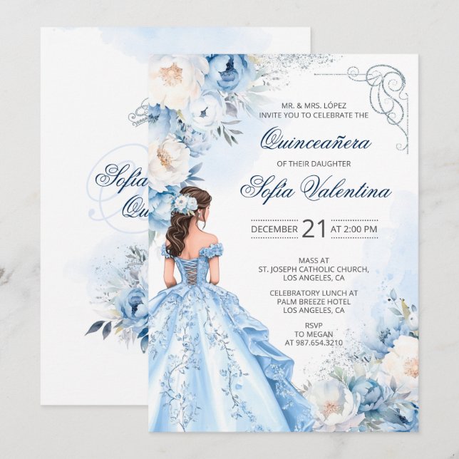 Invitación de Quinceañera Cenicienta Azul Bebé (Anverso / Reverso)