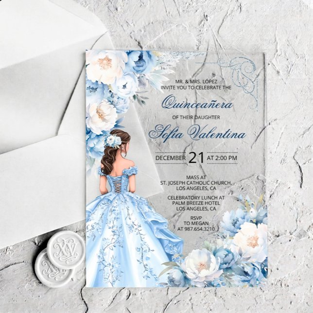 Invitación de Quinceañera Cenicienta Azul Bebé (Quinceanera Baby Blue Dress Floral Acrylic Invitations)