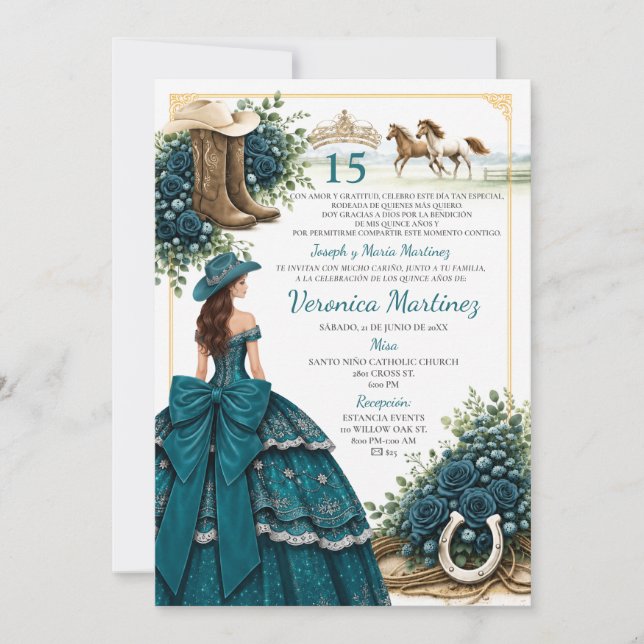 Invitación de quinceañera charra azul turquesa con (Anverso)