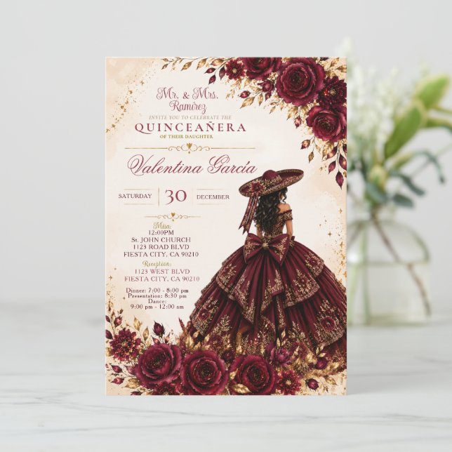 Invitación de Quinceañera Charra Borgoña (Anverso de pie)