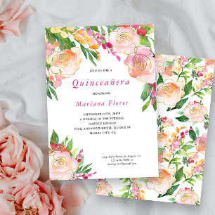 Invitación de Quinceañera Chic Floral Rosa y Dorad
