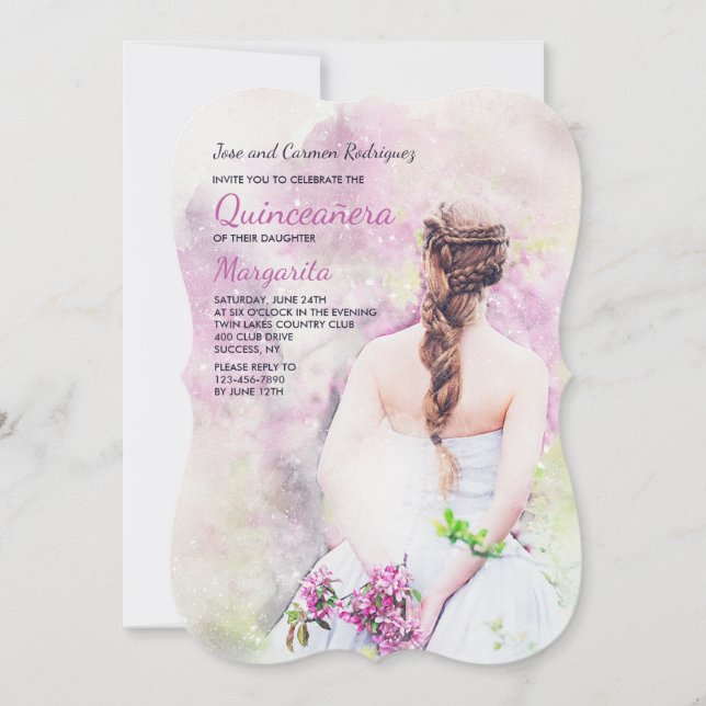 Invitación de Quinceañera, chica con vestimenta bl (Anverso)