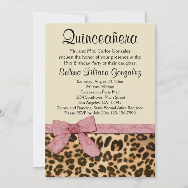 Invitación de Quinceañera Chica de Bow Rosado de L (Anverso)