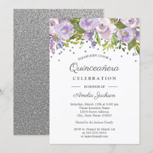 Invitación de Quinceañera con acuarela floral púrp