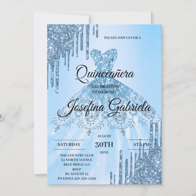 Invitación de Quinceañera con Brillo Azul (Anverso)