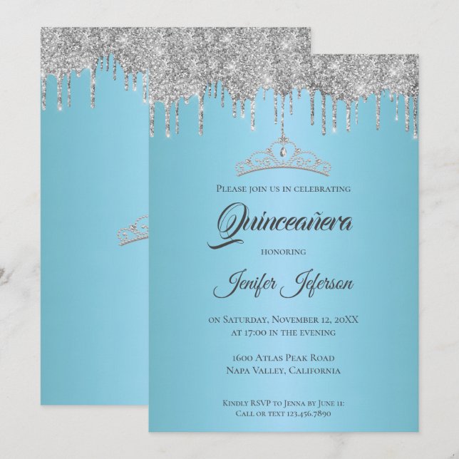 Invitación de Quinceañera con brillo plateado (Anverso / Reverso)