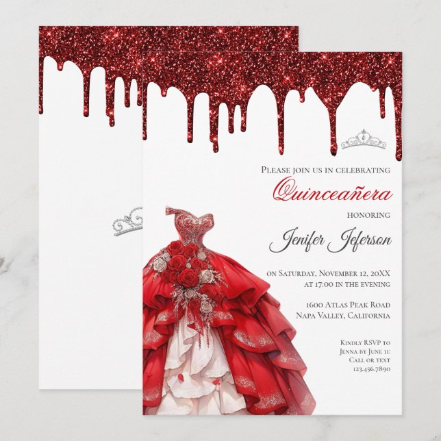 Invitación de Quinceañera con brillo plateado (Anverso / Reverso)