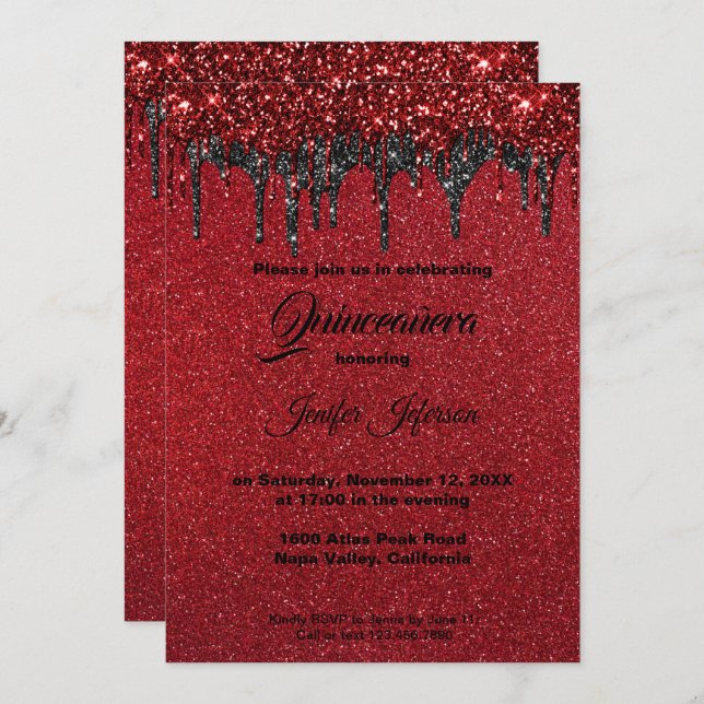 Invitación de Quinceañera con brillo rojo (Anverso / Reverso)