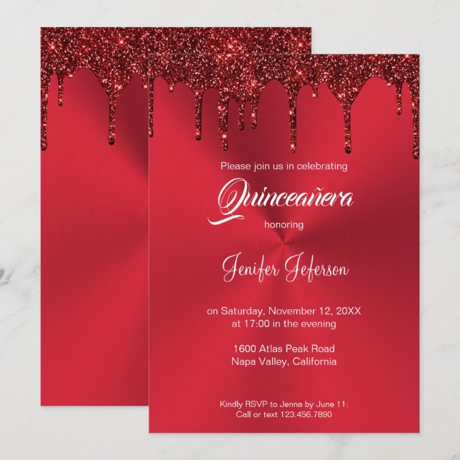 Invitación de Quinceañera con brillo rojo metálico (Anverso / Reverso)