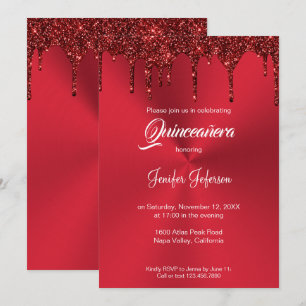 Invitación de Quinceañera con brillo rojo metálico