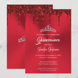 Invitación de Quinceañera con brillo rojo metálico