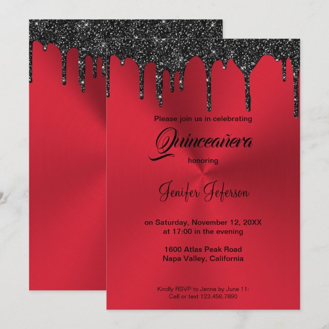 Invitación de Quinceañera con brillo rojo metálico (Anverso / Reverso)
