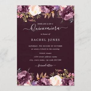 Invitación de Quinceañera con Flor de Acuarela Púr