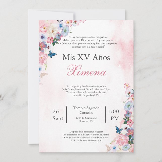 Invitación de quinceañera con flor de primavera ro (Anverso)
