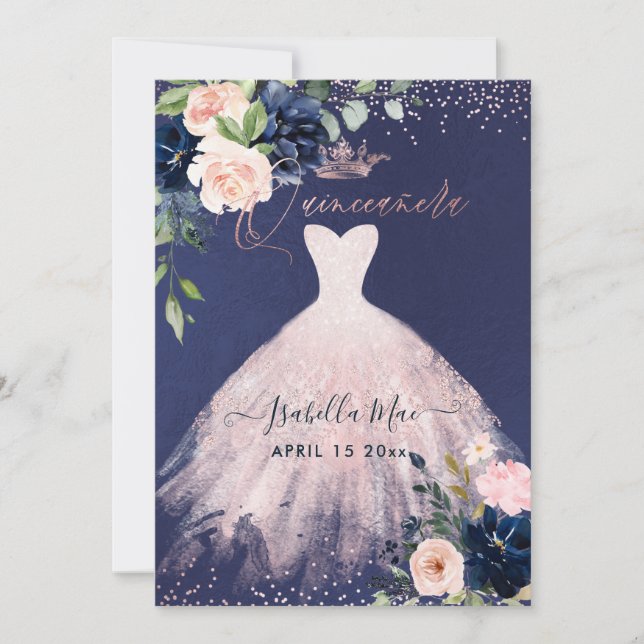 Invitación de quinceañera con flores de acuarela e (Anverso)