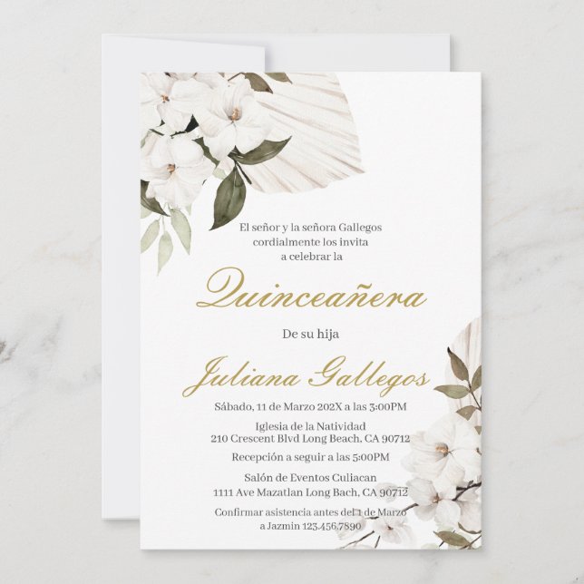 Invitación de Quinceanera con flores de boho blanc (Anverso)