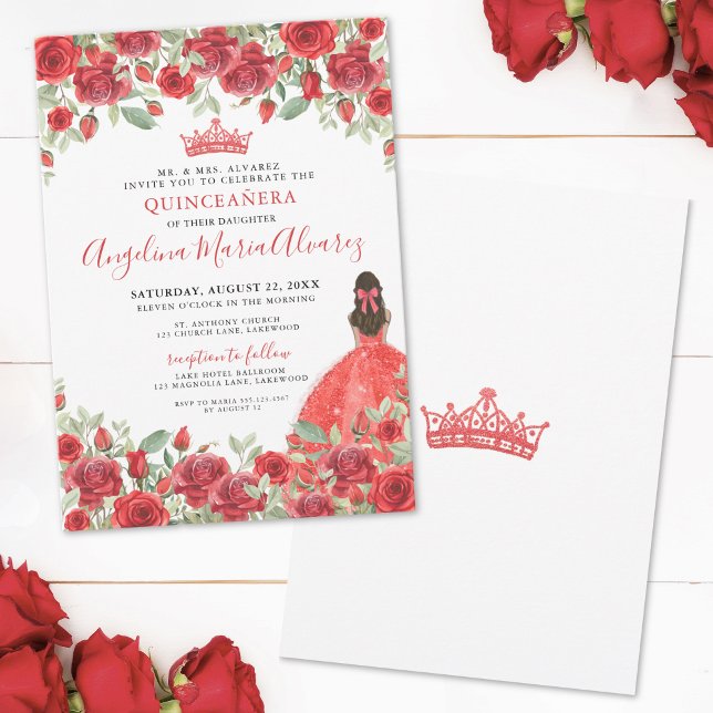 Invitación de Quinceañera con Flores Rojas (Elegant Red Floral Quinceanera Invitation)