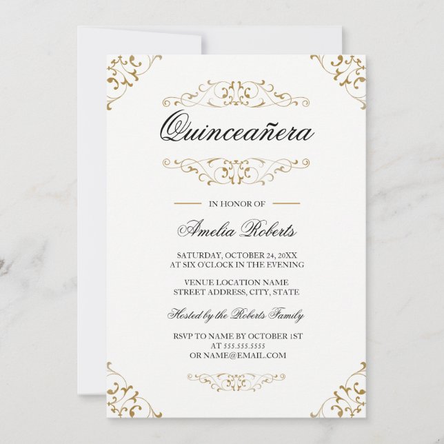 Invitación de Quinceañera con Floritura de Oro Ant (Anverso)