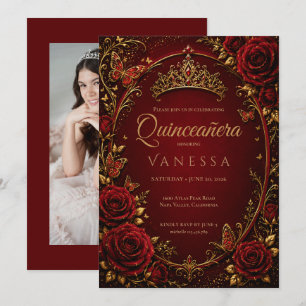 Invitación de Quinceañera con Foto en Rojo y Dorad