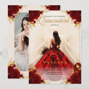 Invitación de Quinceañera con foto roja y dorada