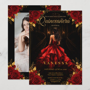 Invitación de Quinceañera con foto roja y dorada