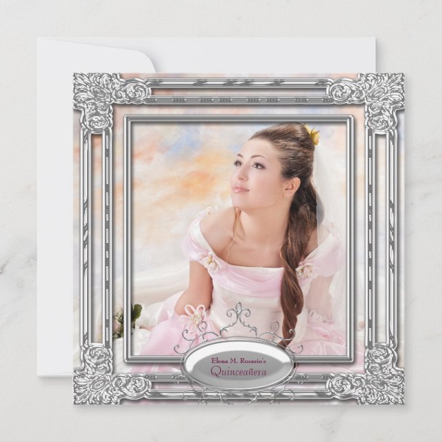 Invitación de Quinceañera con Foto Rosa Plateada (Anverso)